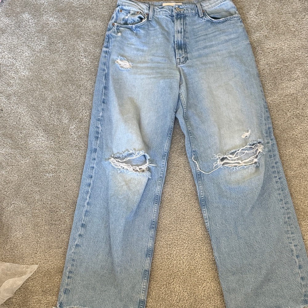 MOTHER Light Blue Distressed Wide Leg Jeans